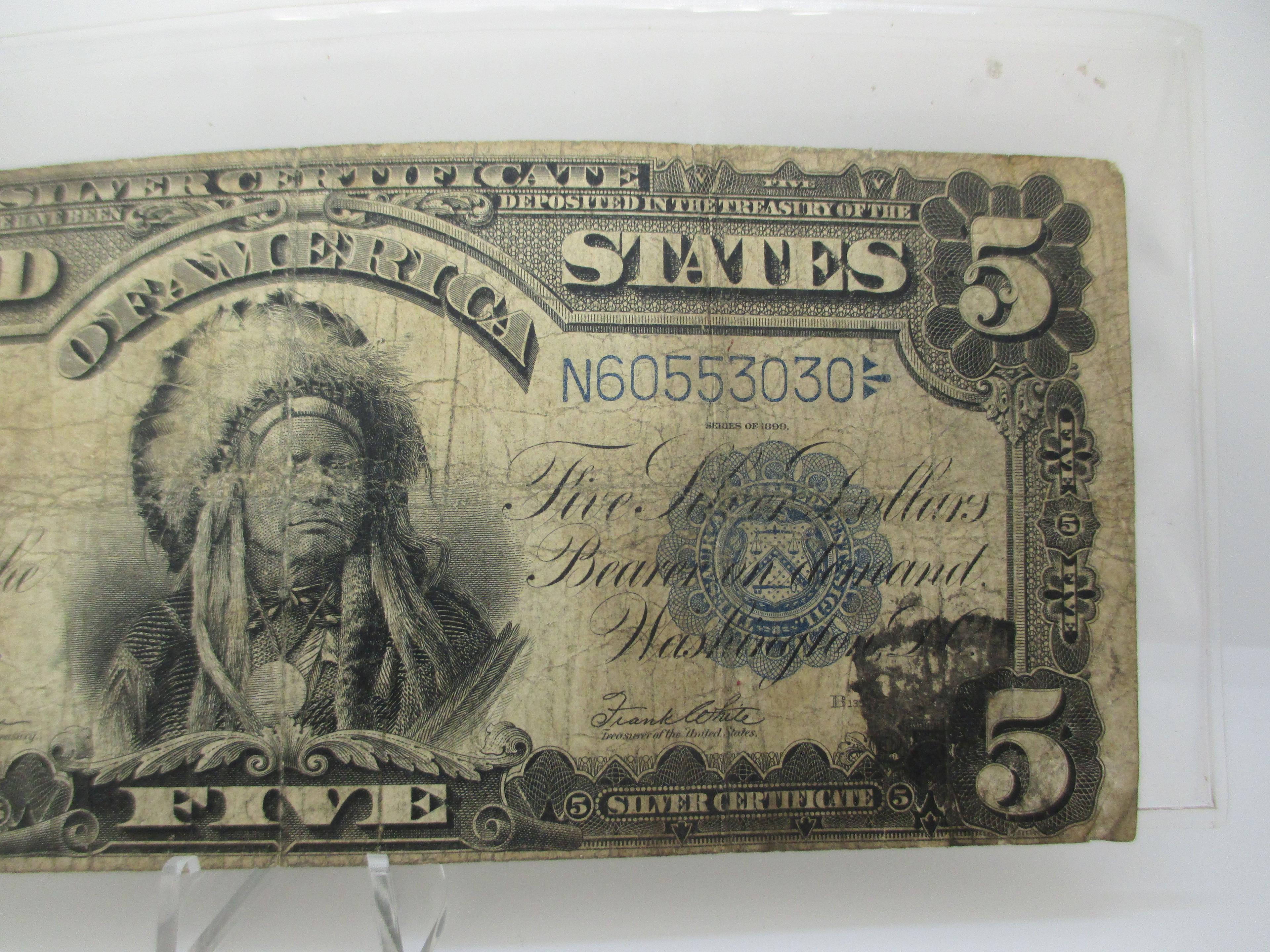 t-62 1899 Indian Chief Large Size $5 Silver Certificate Note