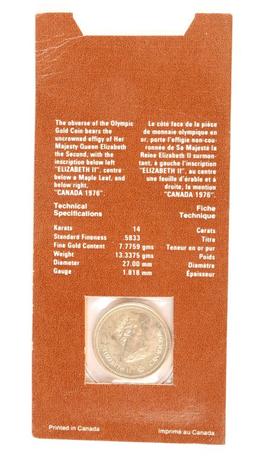 Montreal 1976 Canadian Olympic $100 Gold Coin - 14K