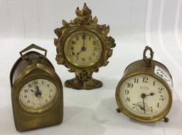 Lot of 3 Miniature Brass Bedroom Clocks