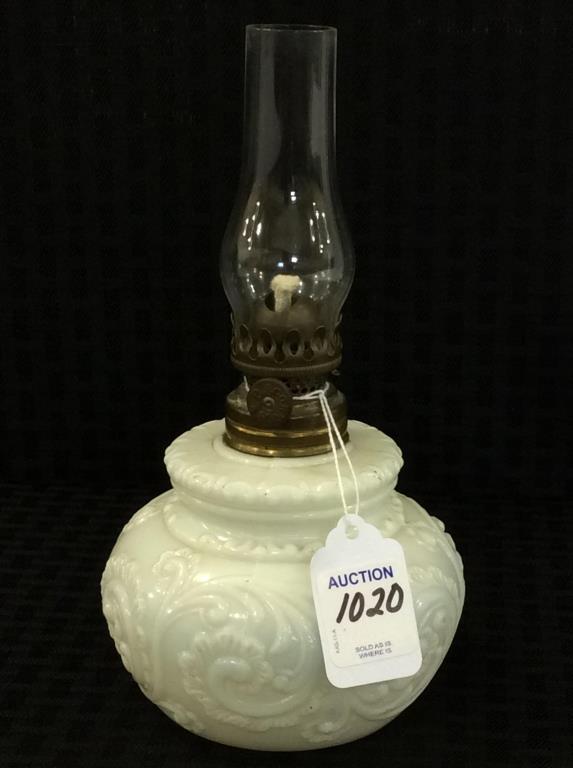 Miniature White Swirl Opalescent Kerosene Lamp