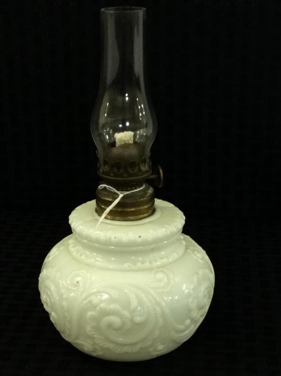 Miniature White Swirl Opalescent Kerosene Lamp