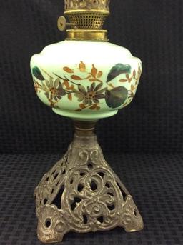 Green Floral Paint Metal Base Kerosene Lamp w/