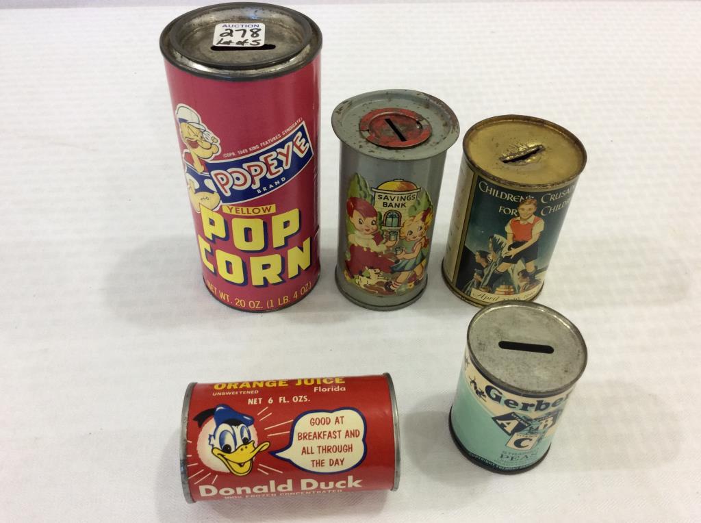 Lot of 5 Tin Adv. Banks-Mostly Children's Design