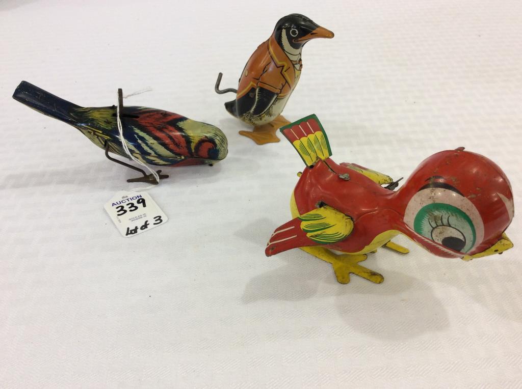 Lot of 3 Various Bird Wind Up Toys-One