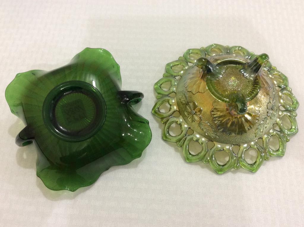 Lot of 2 Green Carnival Glass Pieces Including