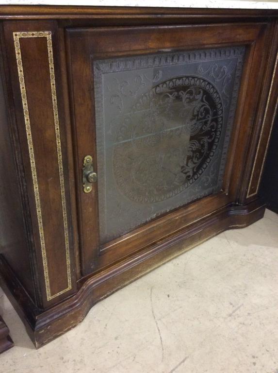 Modern Etched Glass Door Lighted Marble Top Curio