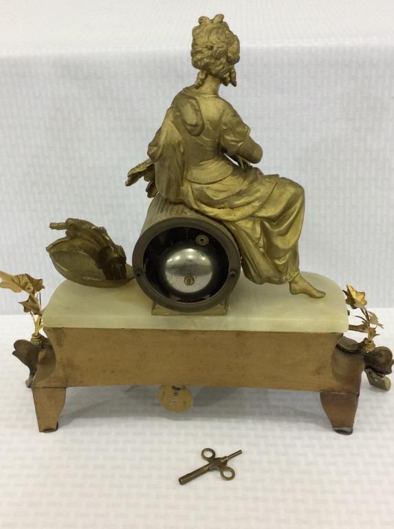 Ornate Brass & Marble Statue Clock w/ key