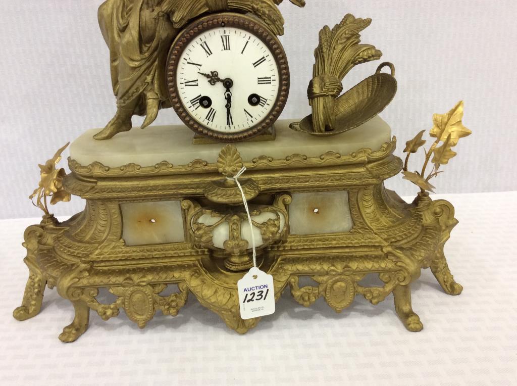 Ornate Brass & Marble Statue Clock w/ key