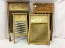 Lot of 4 Vintage Wood & Tin Washboards Including