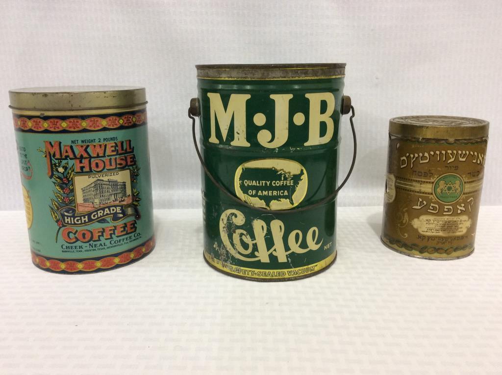 Lot of 3 Coffee Tins Including MJB Coffee