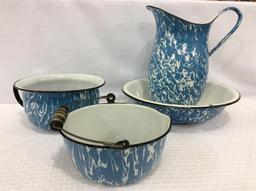 Lot of 4 Blue & White Graniteware Pieces