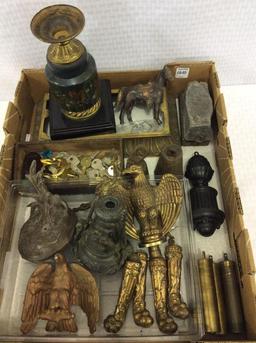 Box Lot w/ Clock Weights, Ornamental Metal Clock