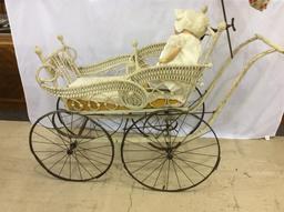 Large Vintage Wicker Baby Buggy with Umbrella