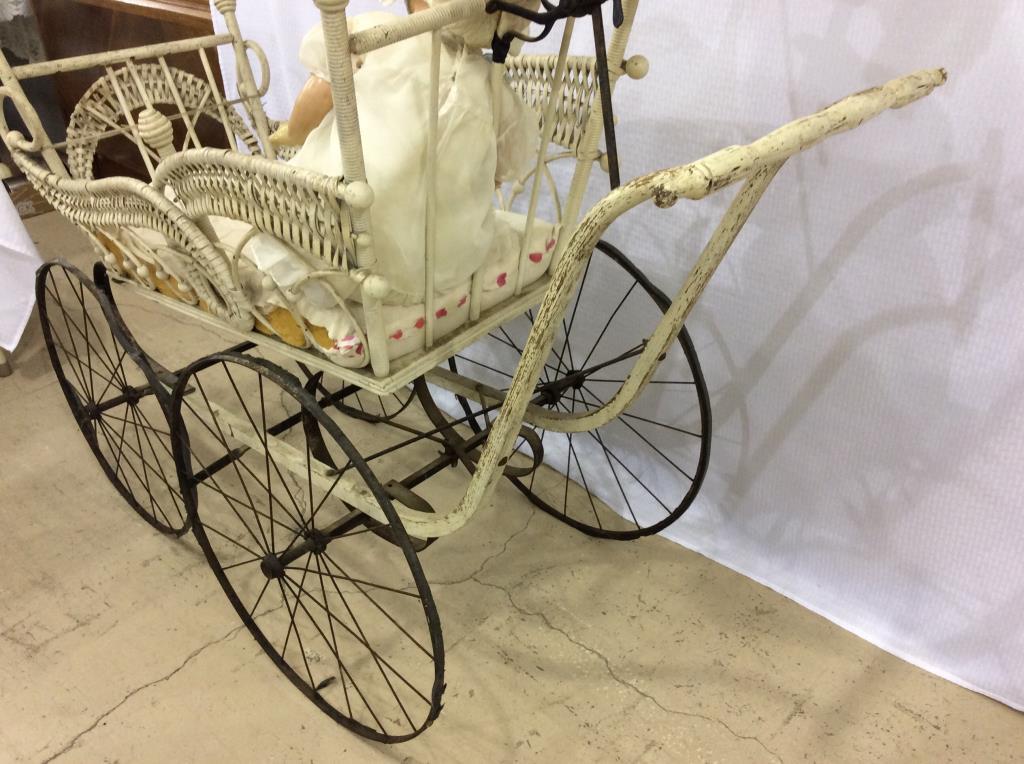 Large Vintage Wicker Baby Buggy with Umbrella