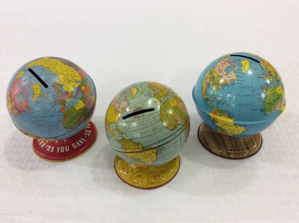 Lot of 3 Tin World Globe Banks