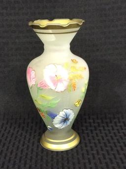 Floral Painted Satin Glass Vase w/ Gold Trim