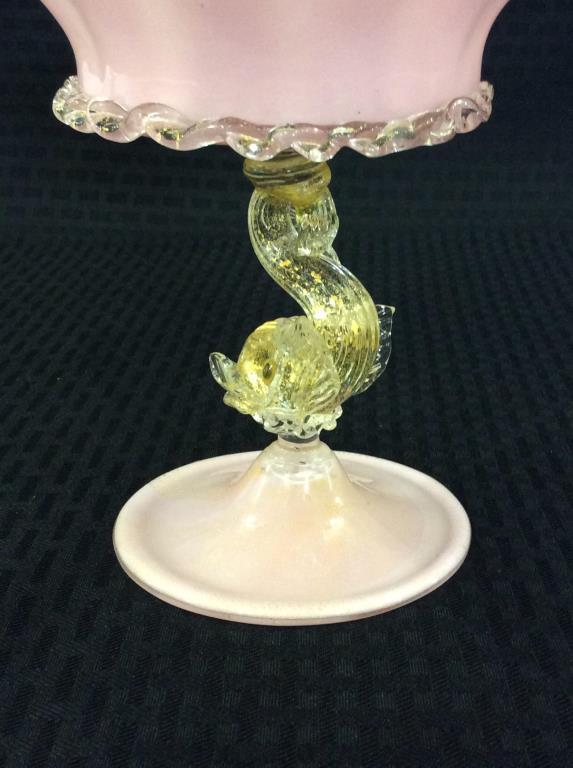 Murano Italy Pink Art Glass Fish Design Pedestal