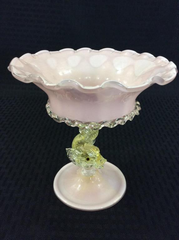 Murano Italy Pink Art Glass Fish Design Pedestal