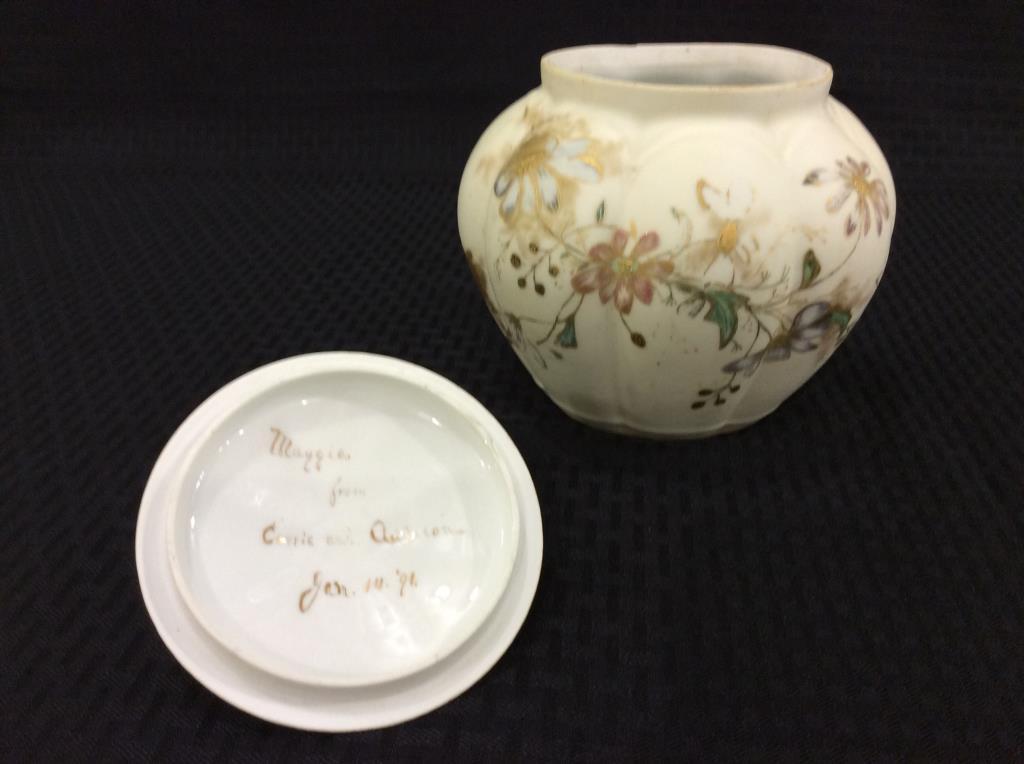 Signed Floral Decorated Biscuit Jar w/ Lid