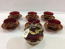 Red Moser Glass Set w/ Victorian Floral Paint