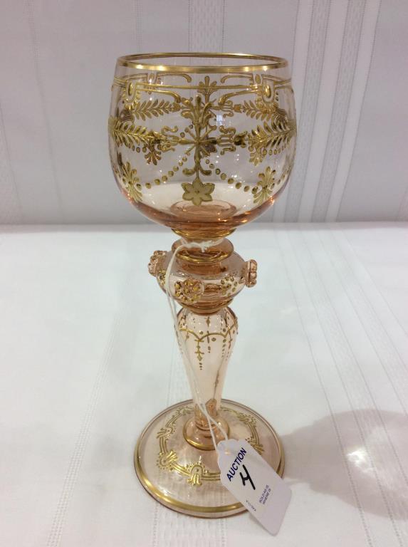 Pink Moser Gold Decorated Pedestal Goblet