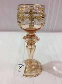 Pink Moser Gold Decorated Pedestal Goblet