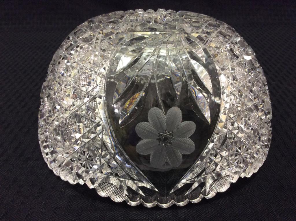 Beautiful Cut Glass Bowl w/ Etched Flowers