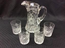 Cut Glass Floral Etched Pitcher & Tumber Set