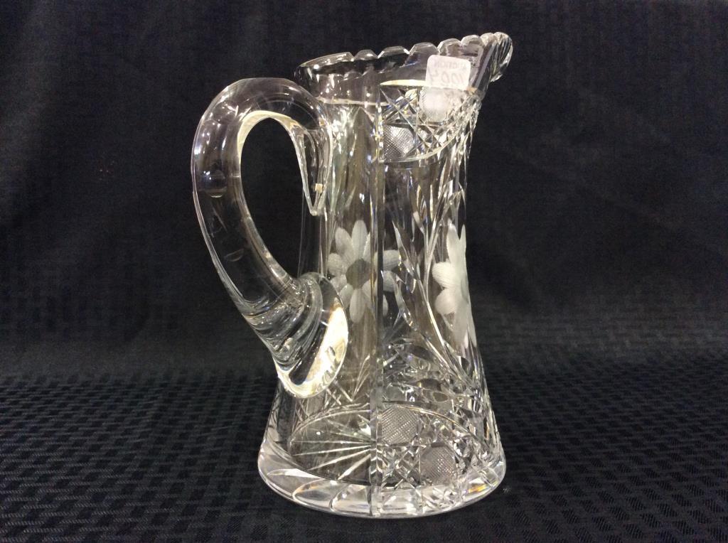 Cut Glass Floral Etched Pitcher & Tumber Set