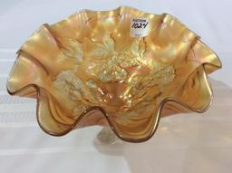 Three Footed Ruffled Edge Carnival Glass Bowl