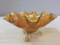 Three Footed Ruffled Edge Carnival Glass Bowl