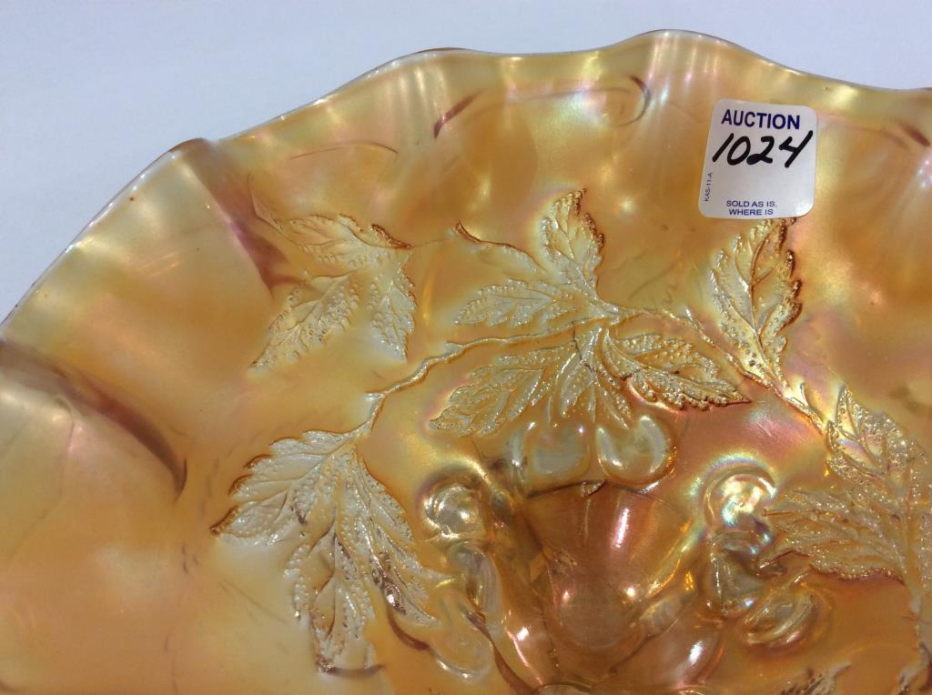 Three Footed Ruffled Edge Carnival Glass Bowl