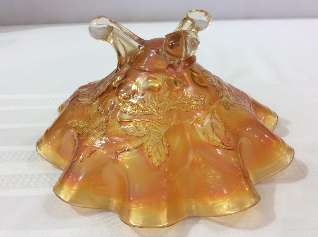 Three Footed Ruffled Edge Carnival Glass Bowl