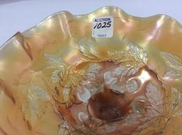 Three Footed Ruffled Edge Carnival Glass Bowl