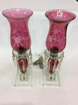 Pair of Very Nice Matching Cranberry Etched Glass