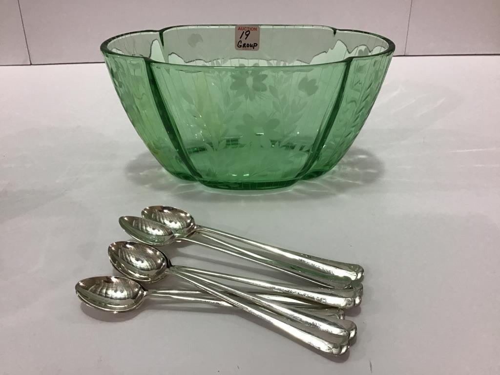 Group of Green Depression Glass Including Etched