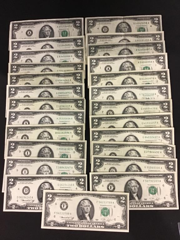 Lot of 26-Two Dollar Bills Including 25-1976