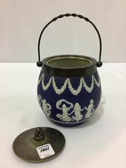 Blue & White England Biscuit Jar w/ Lid & Handle