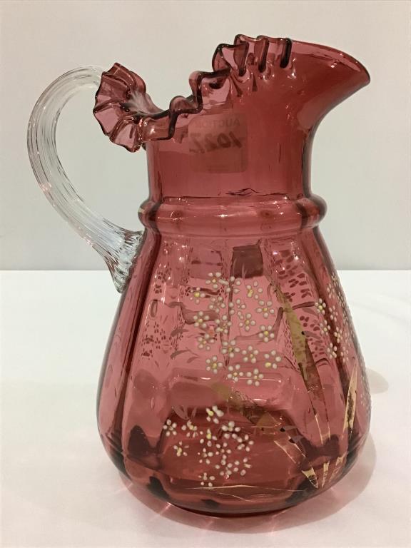 Cranberry Ruffled Edge Pitcher w/ Enamel Floral