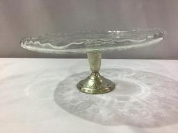 Sterling Silver Base Etched Glass Cake Plate