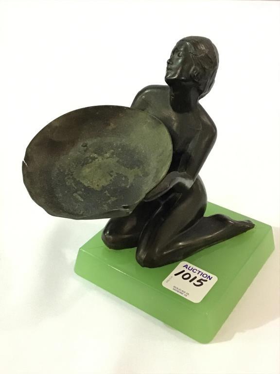 Black Nude Girl Holdering Metal Tray Kneeling on