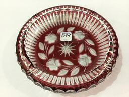 Heavy Red Cut to Clear Floral Design Ashtray