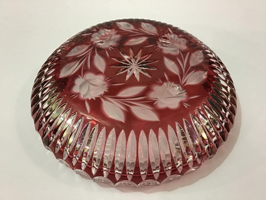 Heavy Red Cut to Clear Floral Design Ashtray