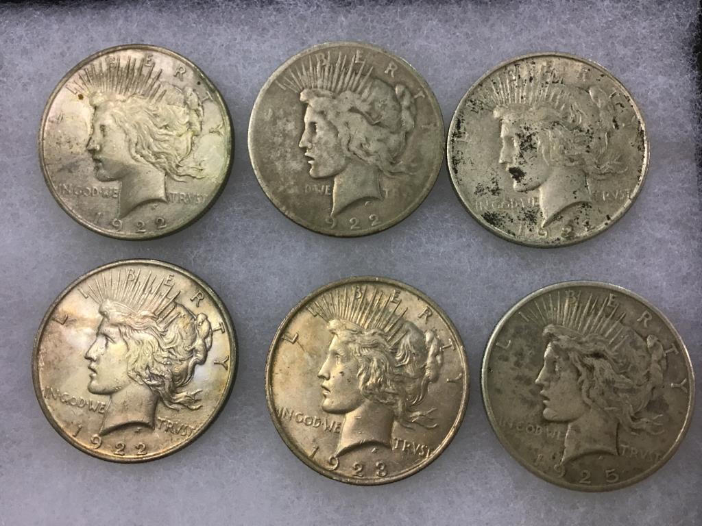 Lot of 6 Peace Dollars Including