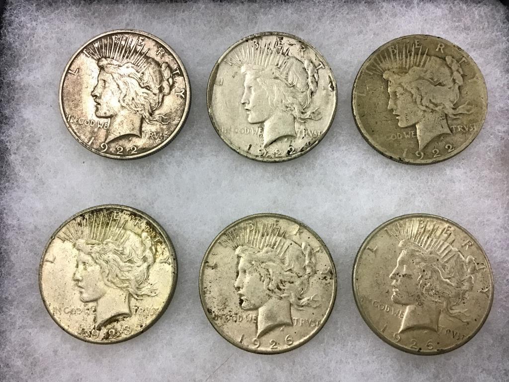 Lot of 6 Peace Dollars Including