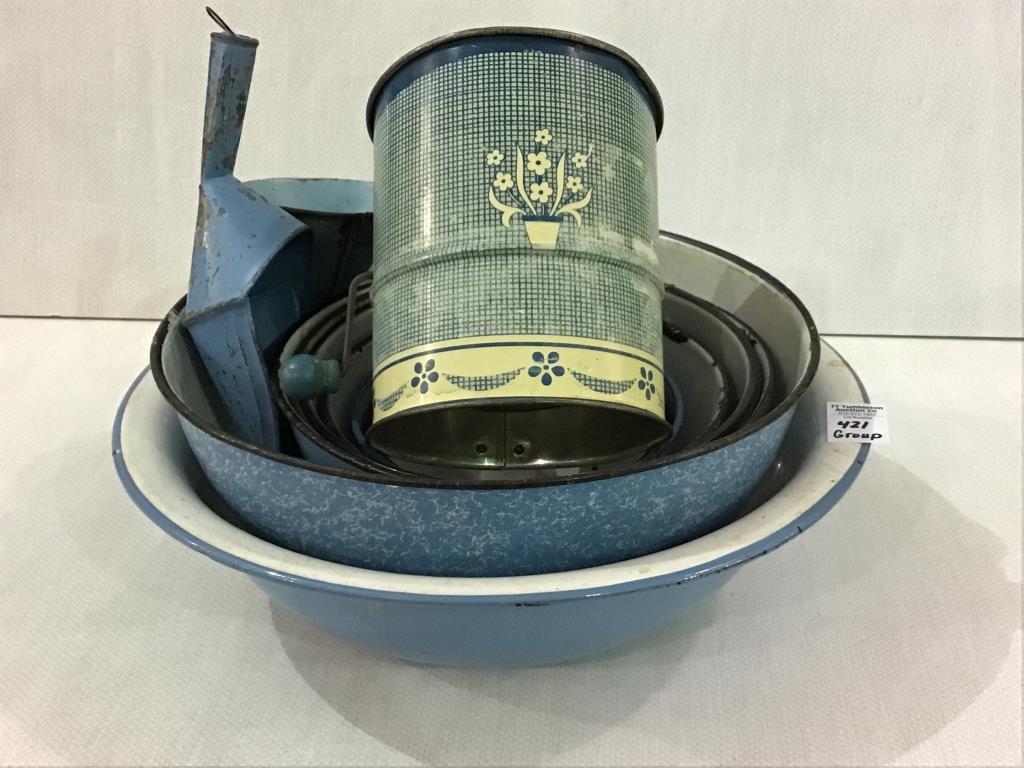 Lg. Group of Blue & White Enamelware Pieces