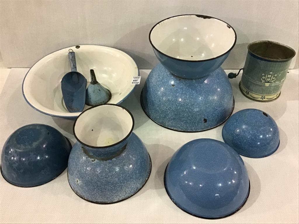 Lg. Group of Blue & White Enamelware Pieces