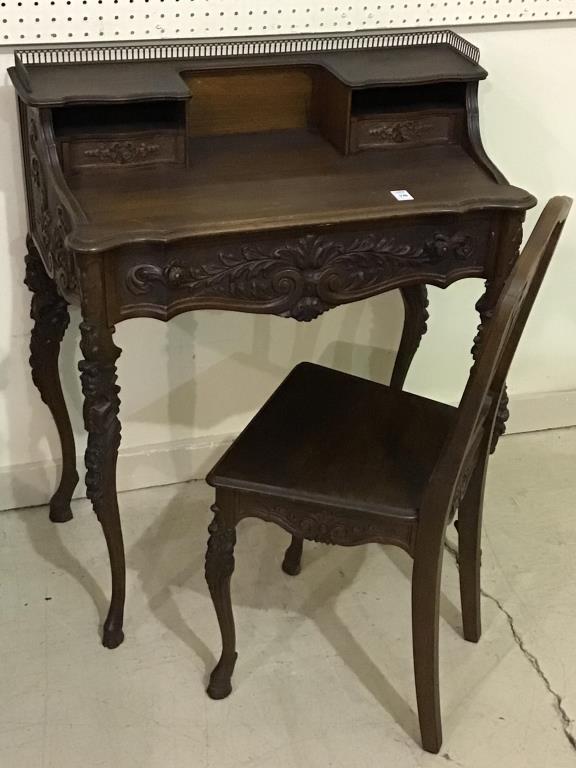 Sm. Vintage Heavily Carved Writing Desk w/ Chair