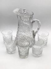 6 Piece Cut Glass Foral Design Matching Pitcher &