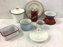 Group of White Red Trim Enamelware Pieces